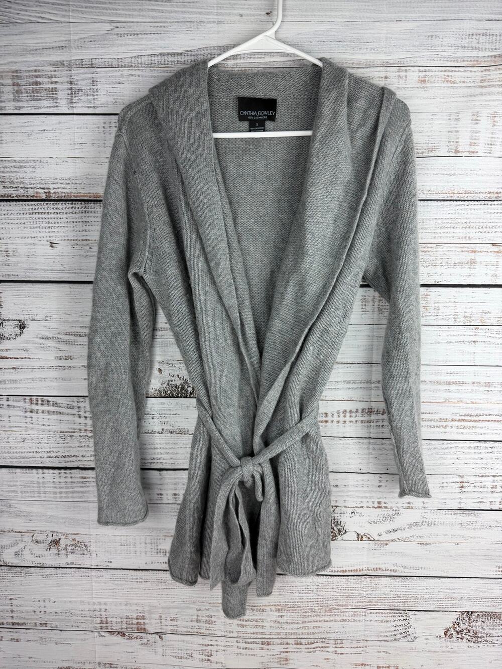 Cynthia Rowley 100% Cashmere Hooded Cardigan Sweater Gray Small Cozy Neutral
